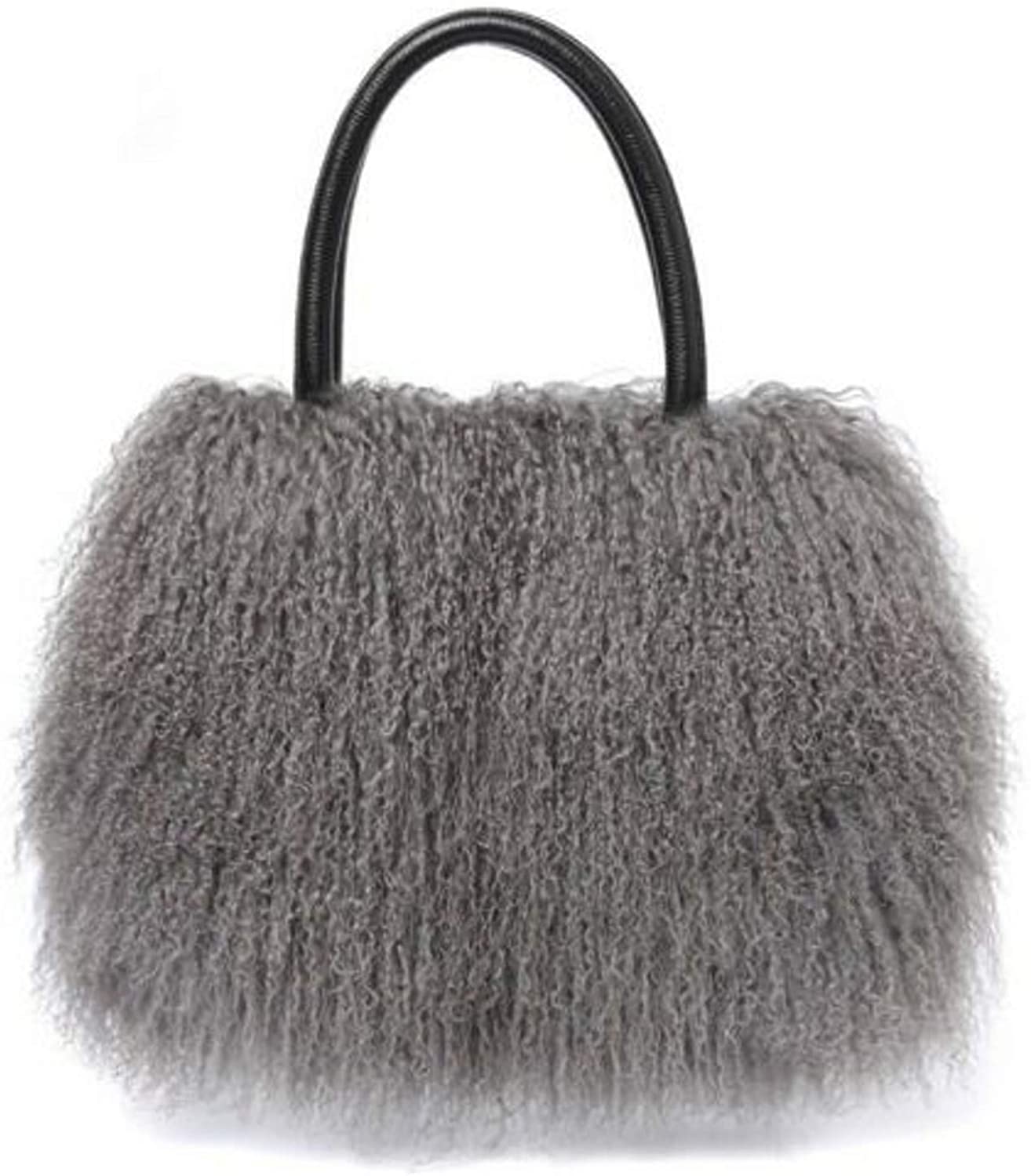 Price:$74.99 ZIYIUI Real Lamb fur/mongolian fur beach wool fur bag handbag Luxury handbag for Women's (Gray)  Handbags   