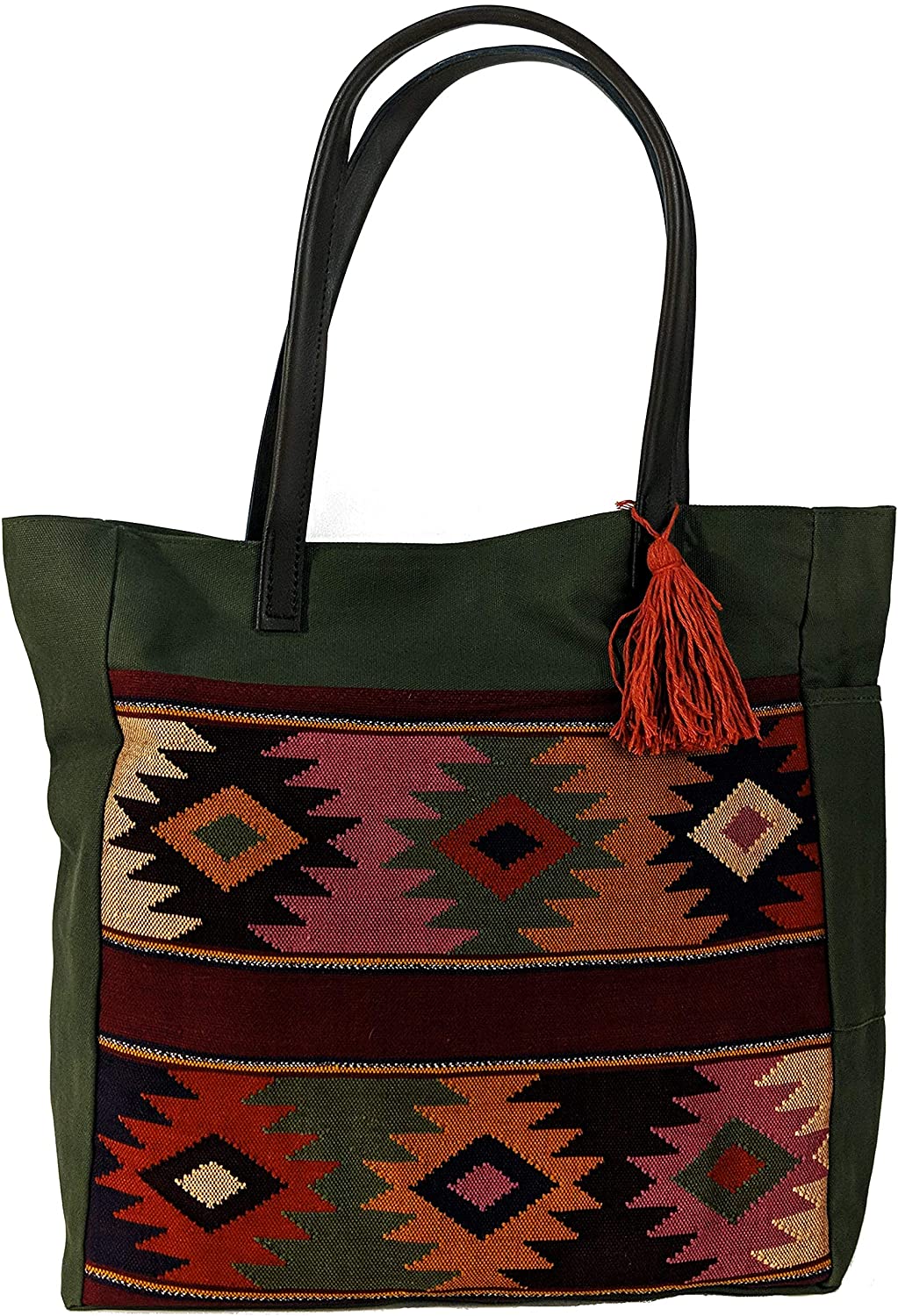 Price:$44.99 Olive Green Canvas Shoulder Bag - Diamonds on Burgundy (L)  Handbags   