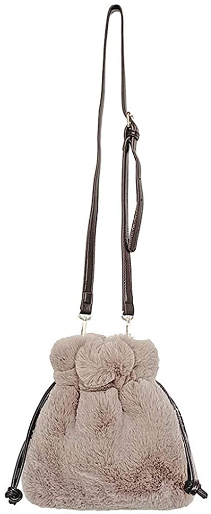 Price:$13.80 Rebecca Faux Fur Bucket Bag Plush Drawstring Crossbody Bag Pompom Shoulder Bag for Women (Khaki)  Handbags   