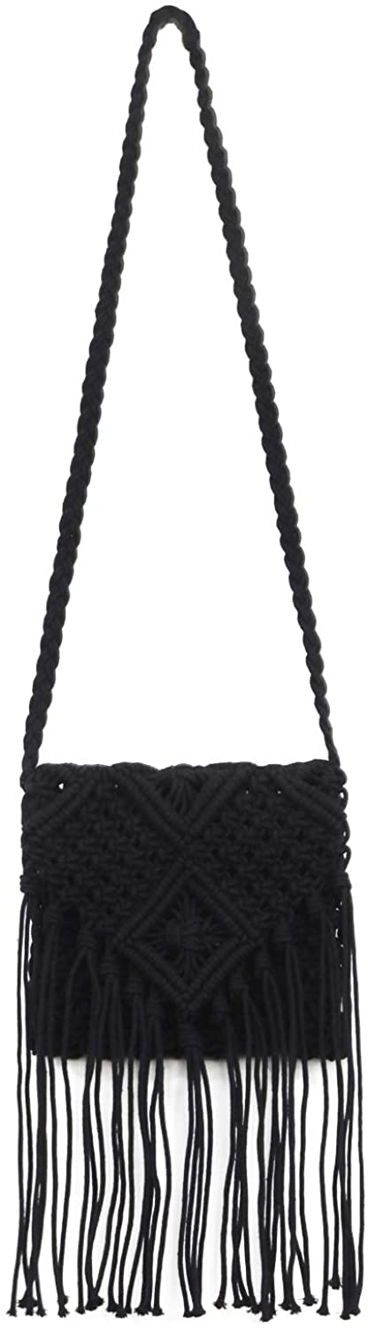 Price:$28.99 QTKJ Women's Crochet Square Crossbody Bag Hand-Woven Boho Tassels Summer Beach Cotton Messenger Shoulder Bag with Zipper (Black)  Handbags   