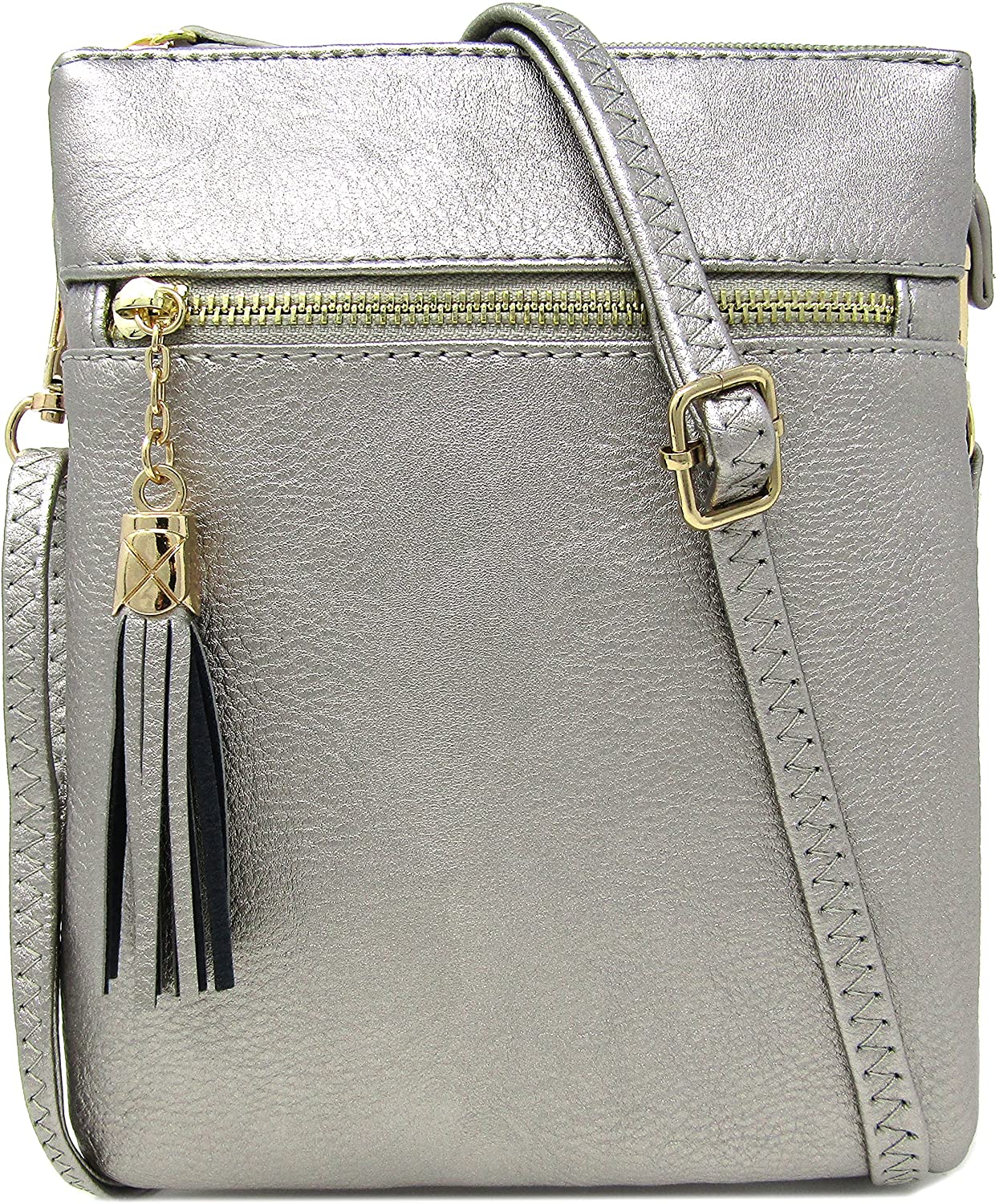 Price:$18.95 Solene Women's Faux Leather Variety Colors Fashionable Functional Multi Pocket Crossbody Bag-WU022 (Light Pewter)  Handbags   