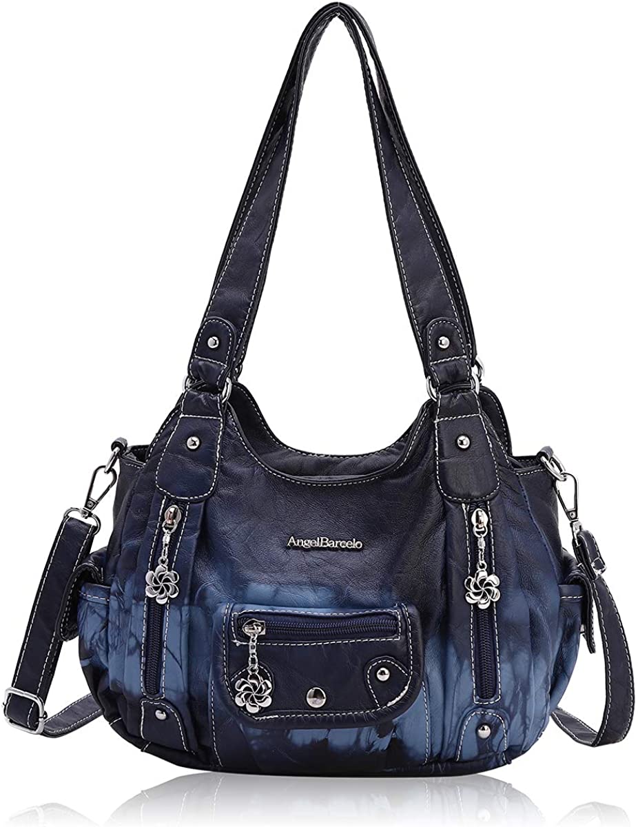Price:$33.99    Angel Barcelo Roomy Fashion Hobo Womens Handbags Ladies Purse Satchel Shoulder Bags Tote Washed Leather Bag Blue  Clothing