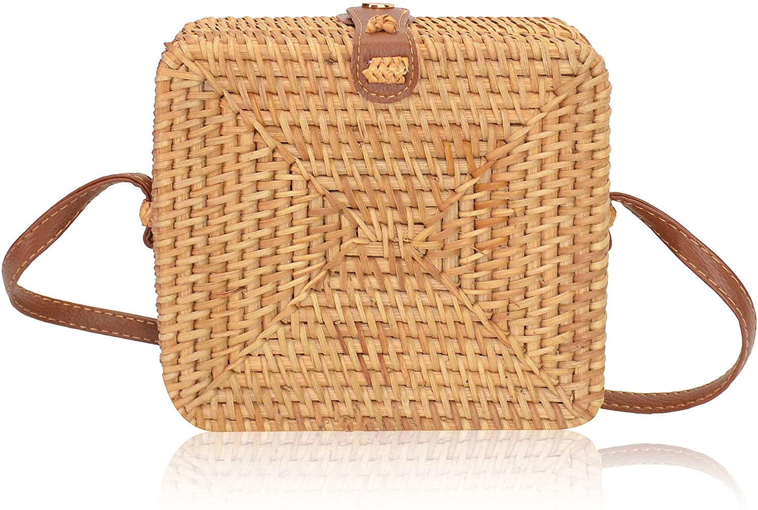 Price:$19.99 ELFJOY Women's Rattan Bags Square Crossbody Handbag Summer Woven Purse with Shoulder Straps (Khaki)  Handbags   