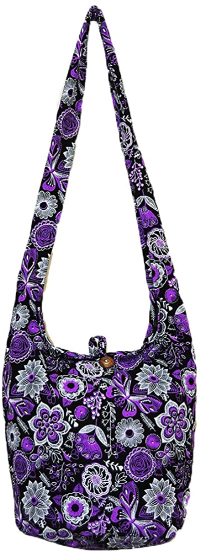 Price:$16.99    Thai Hippie Hobo Sling Crossbody Shoulder Bag Purse Handmade Zip Colorful Butterfly Flower Cotton Gypsy Boho Messenger Medium (M886 (Purple))  Clothing