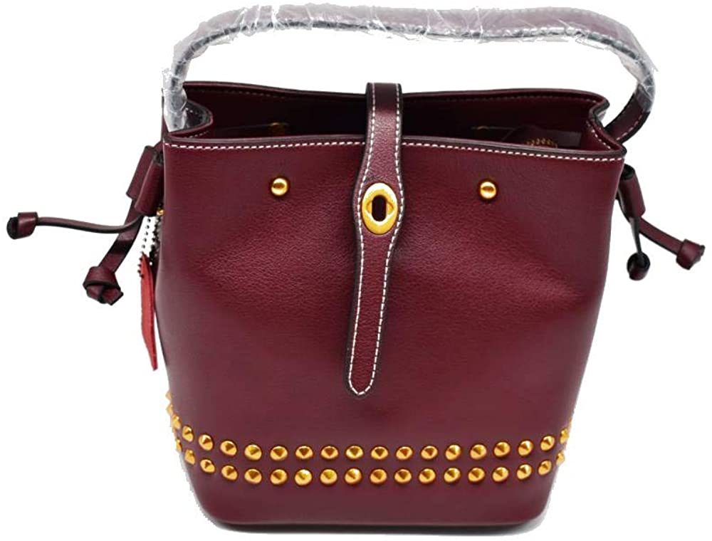 Price:$59.75    girls bucket bag mini tote decorated with rivet genuine leather real first layer cowhide shoulder red by ZAVITORO (Green)  Clothing