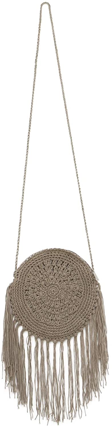 Price:$19.99 QTKJ Boho Long Cotton Tassels Crochet Flower Mini Crossbody Bag Handwoven Summer Beach Round Shoulder Bag with Zipper (Light Grey)  Handbags   