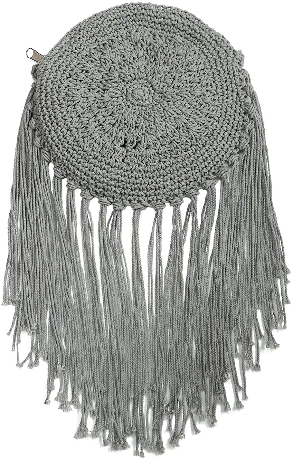 Price:$19.99 QTKJ Boho Long Cotton Tassels Crochet Flower Mini Crossbody Bag Handwoven Summer Beach Round Shoulder Bag with Zipper (Grey)  Handbags   