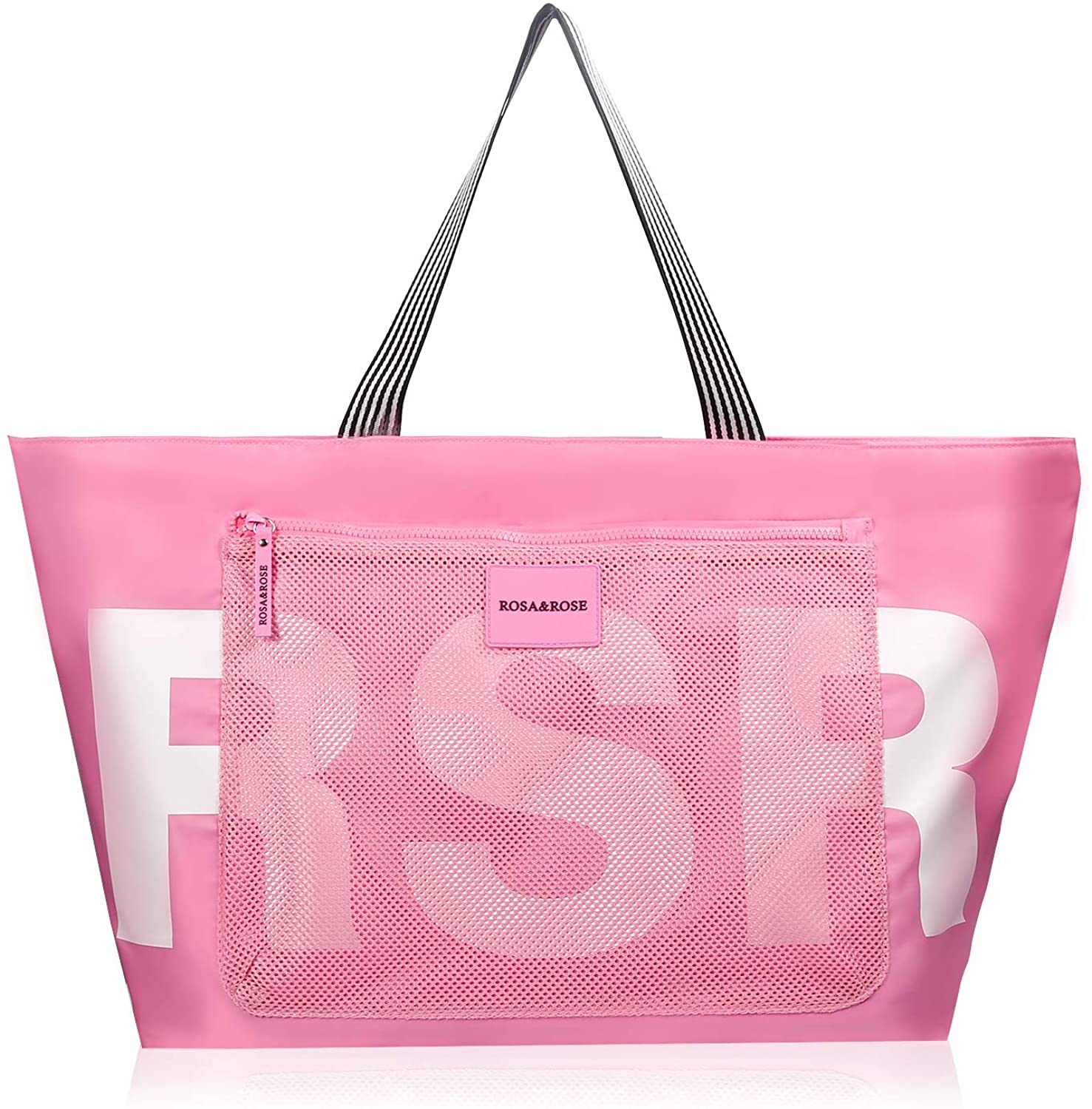 Price:$15.99    expouch Water Resistant Beach Bag with Mesh Pockets & Zipper, Large Shoulder Bag for Women&Men Sports Gym Travel Large Lightweight Market Daily Bags (Pink)  Clothing