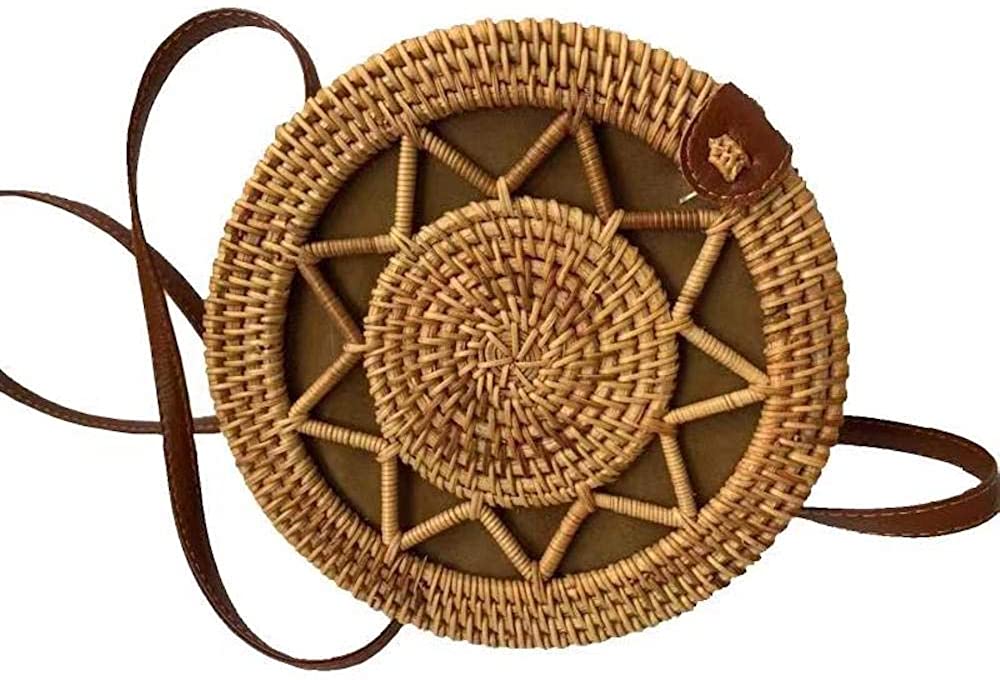 Price:$24.99 Handwoven Round Rattan Bag Shoulder Leather Straps (StarCircle)  Handbags   