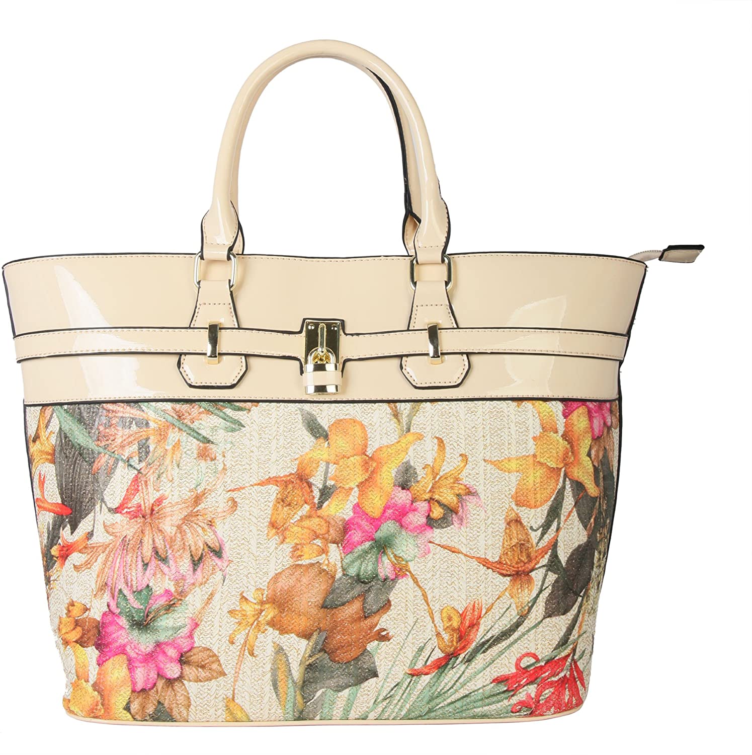 Price:$139.99    Diophy PU Leather Floral Weave Patent Top Style Large Tote Womens Purse Handbag FL-2957 Beige  Clothing