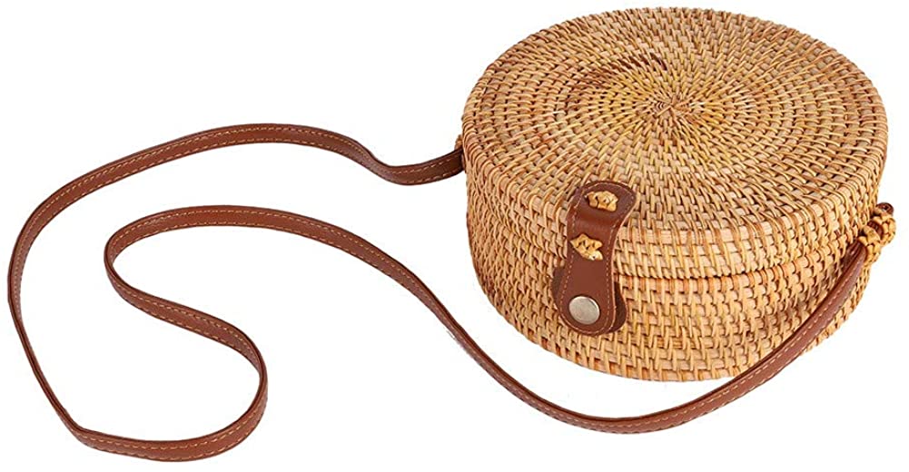 Price:$24.99 Forart Handwoven Round Rattan Bag Shoulder Leather Straps Natural Chic Circle Handbag Crossbody Bags(Ship from USA)  Handbags   