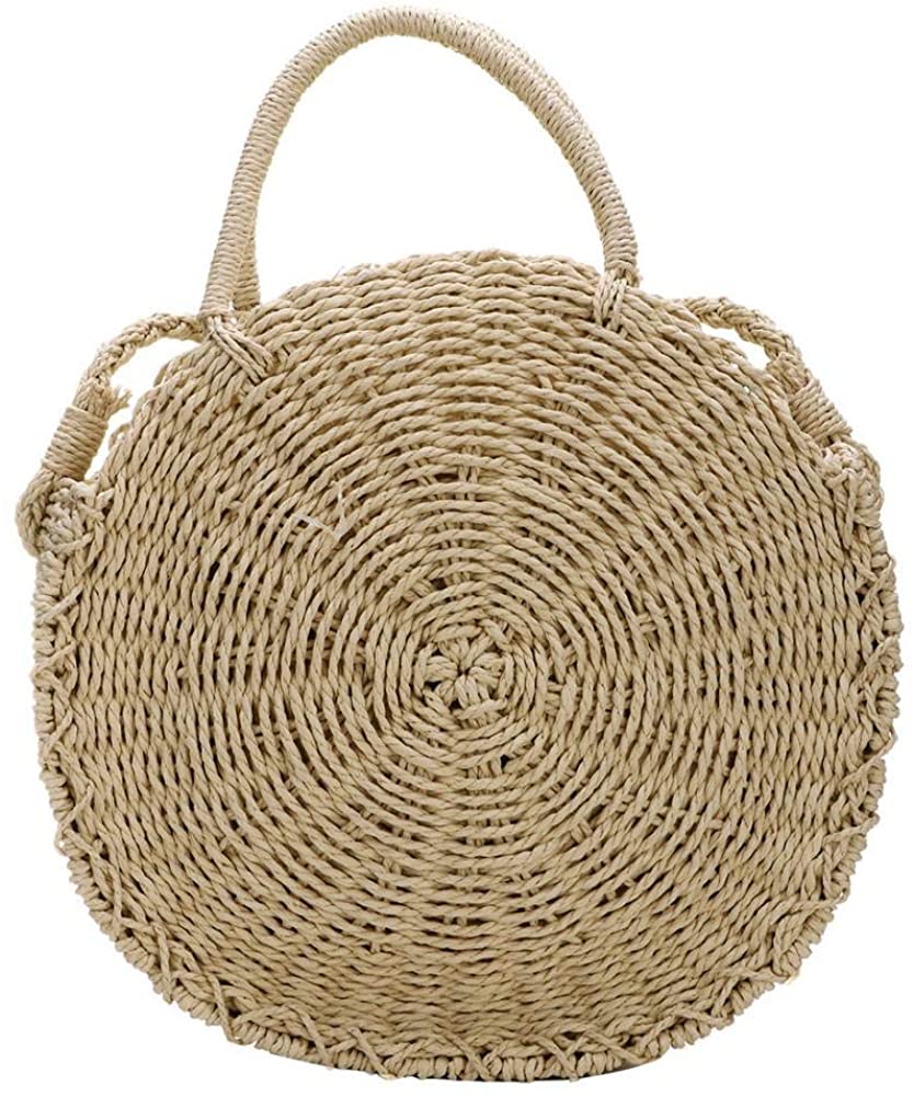 Price:$19.99 Milky Way Straw Bag Woven Handbag Straw Crossbody Bag Women\'s Beach Weave Shoulder Bag Round Straw Bag Summer (Khaki)  Handbags   