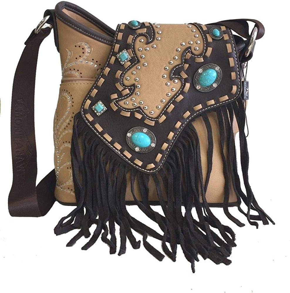 Price:$42.99 Montana West Ladies Cossbody Bag Purse Turquoise Rhinestones Leather Fringe Tan  Handbags   