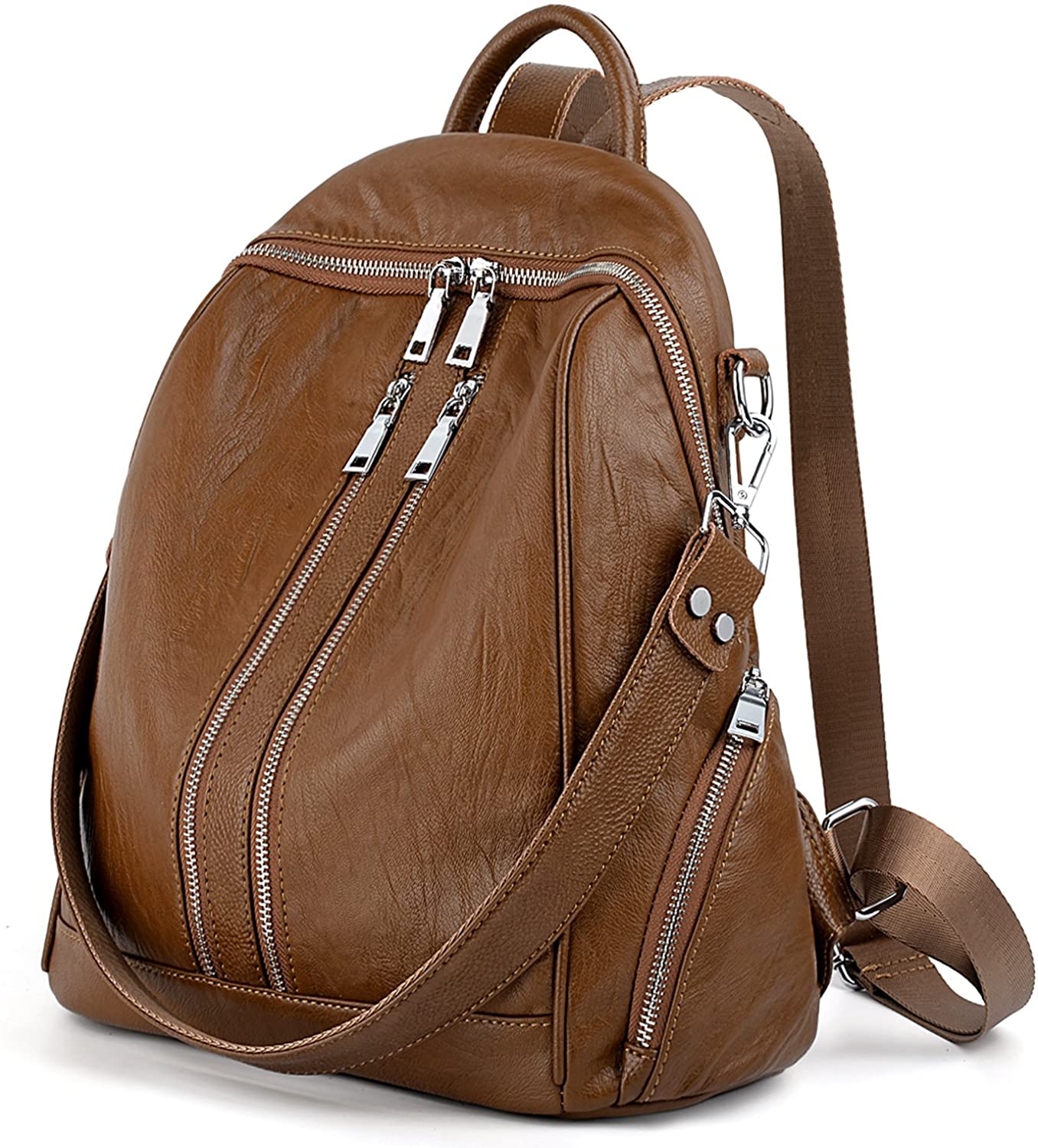 Price:$27.99    UTO Women Backpack Purse PU Washed Leather Convertible Ladies Rucksack Zipper Pockets Crossbody Shoulder Bag Brown  Clothing