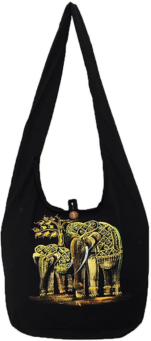Price:$19.99    Thai Hippie Hobo Sling Crossbody Shoulder Bag Purse Zip Elephant Family Hand Paint Cotton Gypsy Boho Messenger Large  Clothing