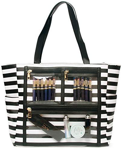 Price:$34.74    Women Faux Leather Handbag Striped Display Marketing Presentation Bag Tote (Black)  Clothing