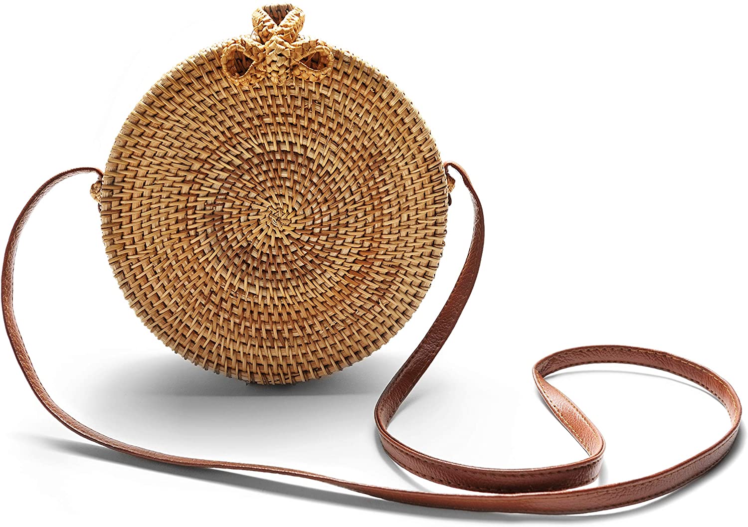 Price:$24.99 Vulpen Natural Handwoven Round Rattan Shoulder Crossbody Bag – Boho Circle Bag with Leather Straps  Handbags   