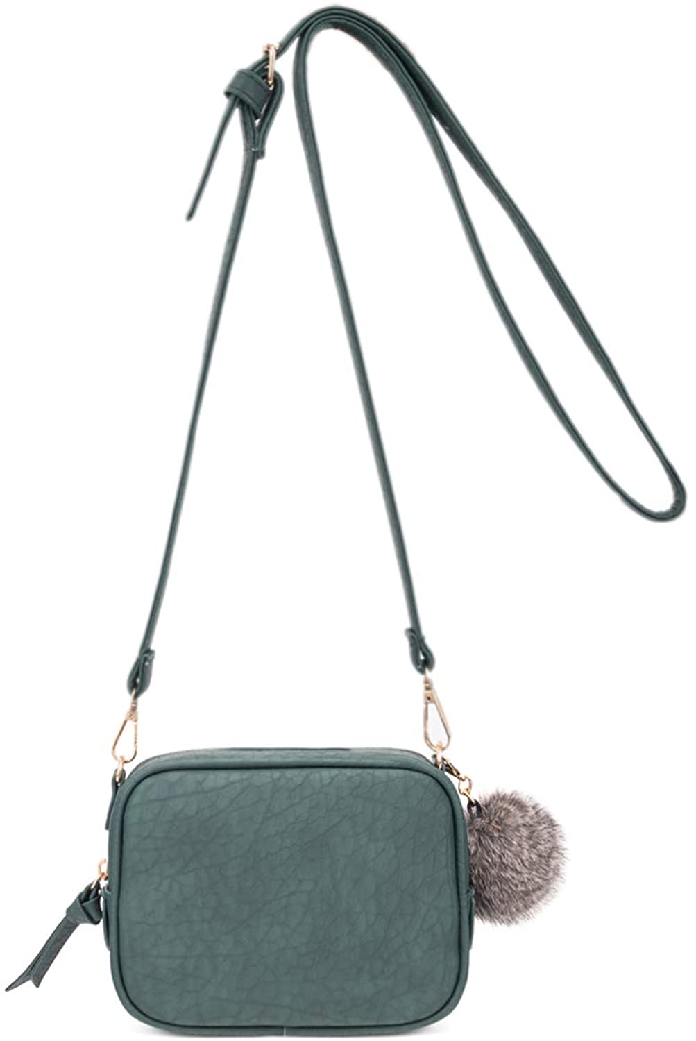 Price:$13.99 Zip Small Crossbody Bag with Soft PU leather Detachable Pompom Simple Shoulder Bag (Dark green)  Handbags   