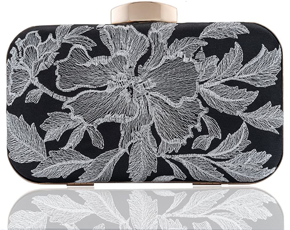 Price:$18.99 Womens Black Clutch Evening Bag Silver Thread Flowers Handbag Metal Frame Shoulder Bag Hard Case Purse  Handbags   