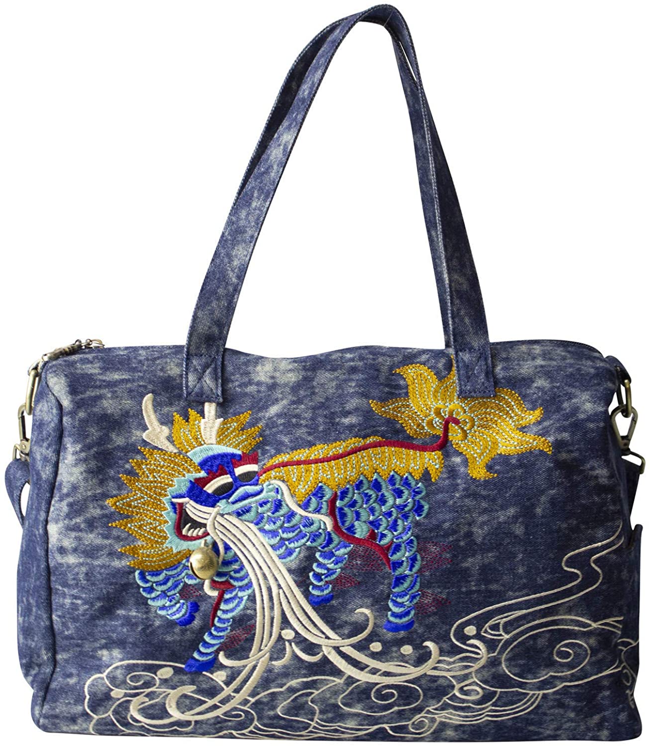 Price:$39.92    Jursccu Dragon Embroidery Large Denim Tote Handbag, Casual Cross Body Shoulder Bag Weekender Bag (Dark blue)  Clothing