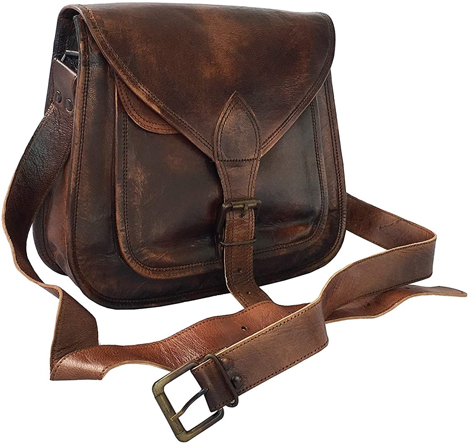 Price:$35.99    kk's 12" Inch Women Vintage Style Genuine Brown Leather Cross Body Shoulder Handmade Purse Tote Bag  Clothing