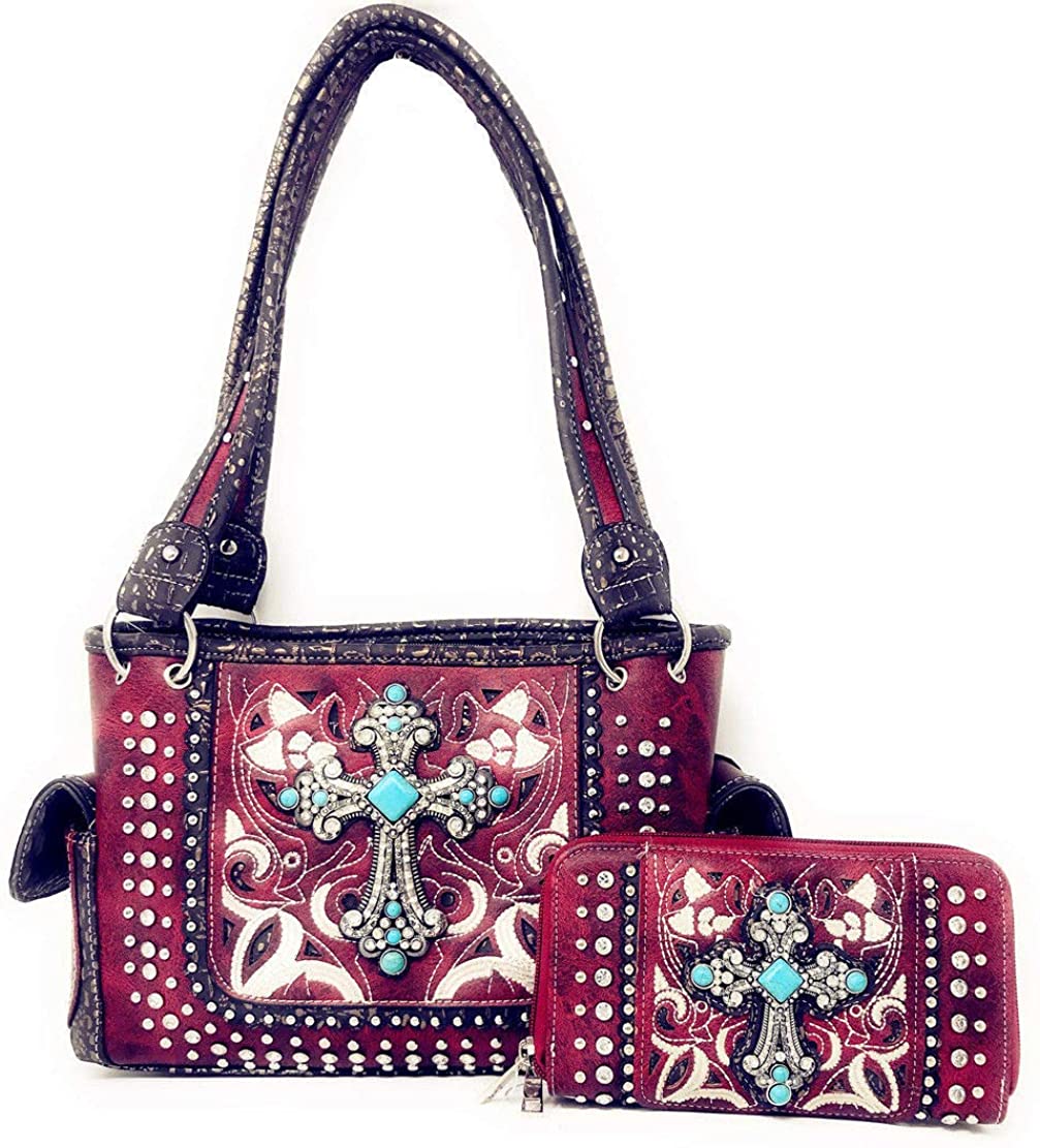 Price:$59.99 Women's Embroidery Cross Top Handle Shoulder Handbag matching Wallet Set (red)  Handbags   