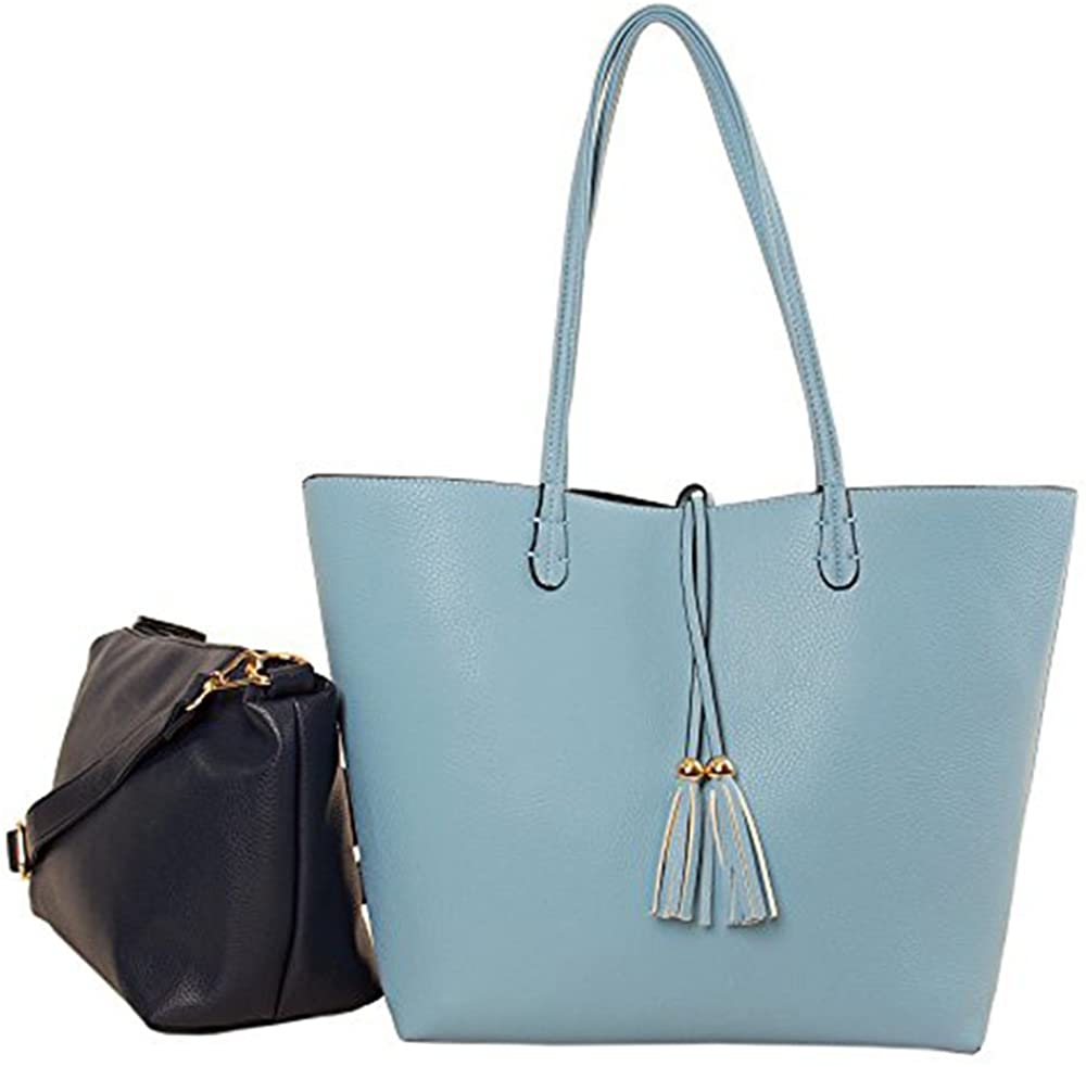 Price:$44.95    Imoshion Women's Large Reversibile Genuine Faux Leather Bag-In-A-Bag Tote Bag With Small Removable Zip Pouch Shoulder Bag  Clothing