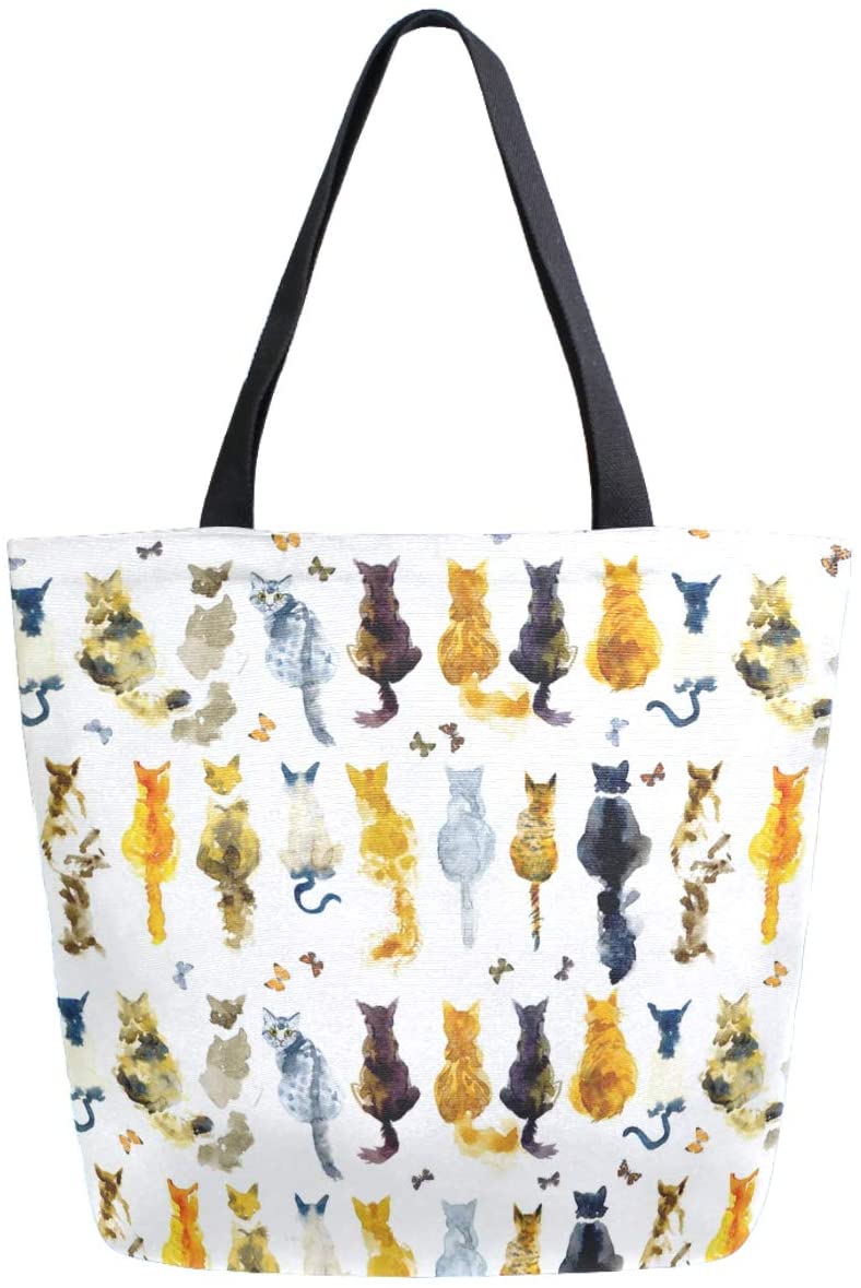 Price:$15.99   | ZzWwR Stylish Cats and Butterflies Pattern Extra Large Canvas Shoulder Tote Top Handle Bag for Gym Beach Travel Shopping | Gym Totes