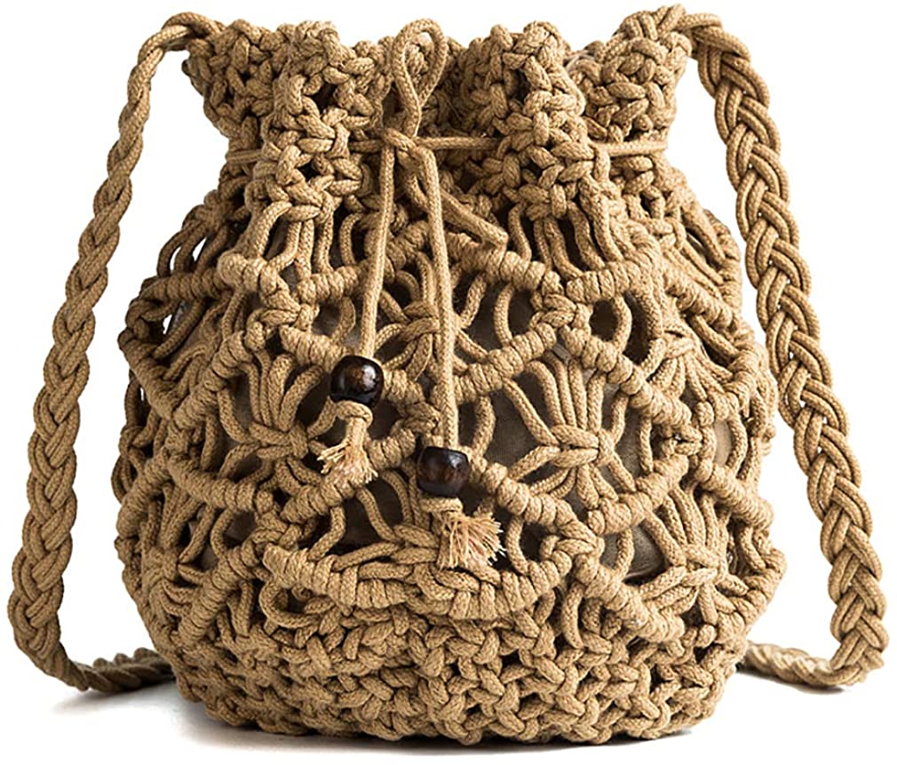 Price:$18.99 Womens Drawstring Crossbody Bag Beach Handwoven Purse Small Straw bucket bag retro woven hollow shoulder Messenger bag  Handbags   