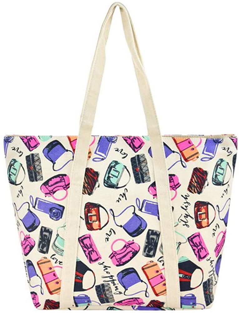 Price:$10.99    Canvas Tote Grocery Shopping Bag Lightweight Travel Zipper Shoulder Bag, Purse Pattern  Clothing