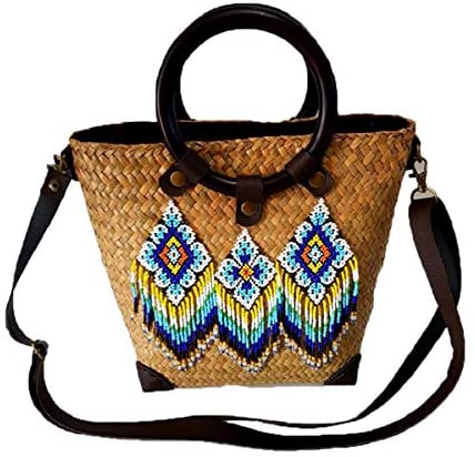Price:$55.00    Thailand Beautiful craft bead woven Straw shoulder tote Bag for Women  Clothing