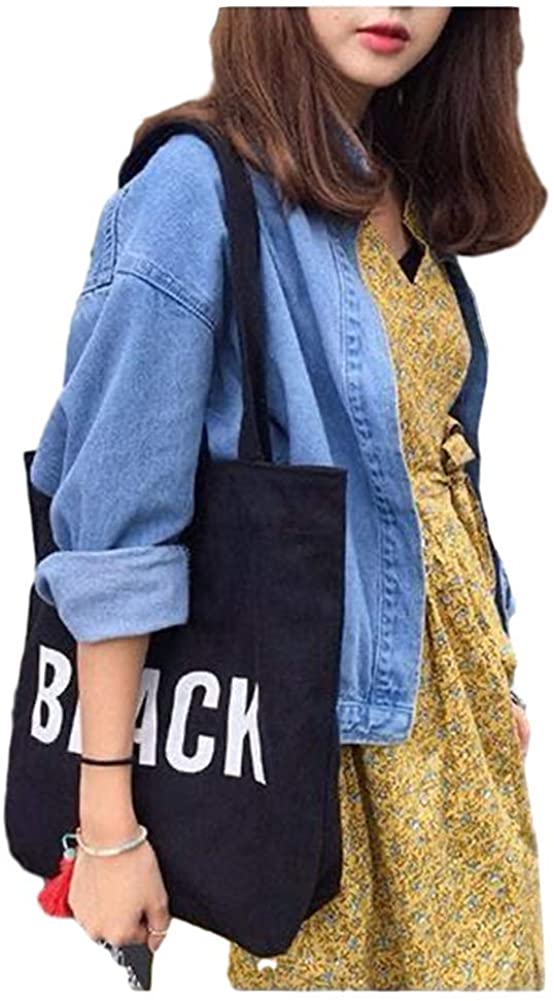 Price:$9.90 New canvas bag south Korean portable canvas bag women's one-shoulder art student canvas letter bag Black  Handbags   