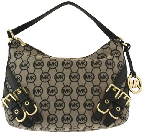 Price:$240.00 MICHAEL Michael Kors Grayson Medium Convertible Monogram Jacquard Shoulder Bag (Beige/Black/Black)  Handbags   