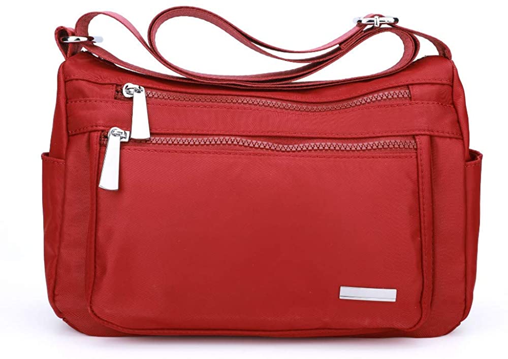 Price:$12.99 Crossbody Bag For Women Multi Pocket Shoulder Bag Waterproof Nylon Lightweight Work Bag, Red  Handbags   