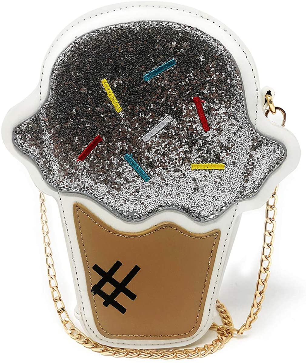 Price:$18.99 Ice Cream Shape Novelty Crossbody Bag, Ustyle Cute with Chain Strap for Girl Women Cartoon Shoulder Bag (white)  Handbags   