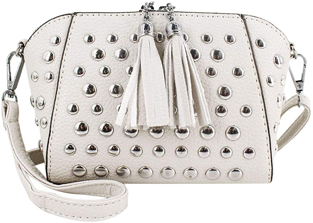 Price:$20.30 Rebecca Women Rivet Tassels Crossbody Bag Punk Small Studs Shell Shape Shoulder Bag, White  Handbags   
