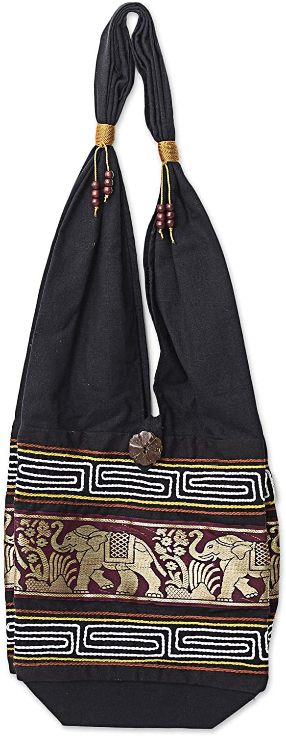 Price:$29.99 NOVICA Purple and Black Embroidered Elephant Cotton Shoulder Bag, Thai Elephants in Burgundy'  Handbags   