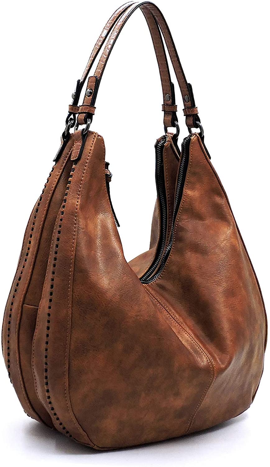 Price:$44.99    Vegan Faux Leather Multi Pockets Sling Out Large Hobo Shoulder Bag (CAMEL)  Clothing
