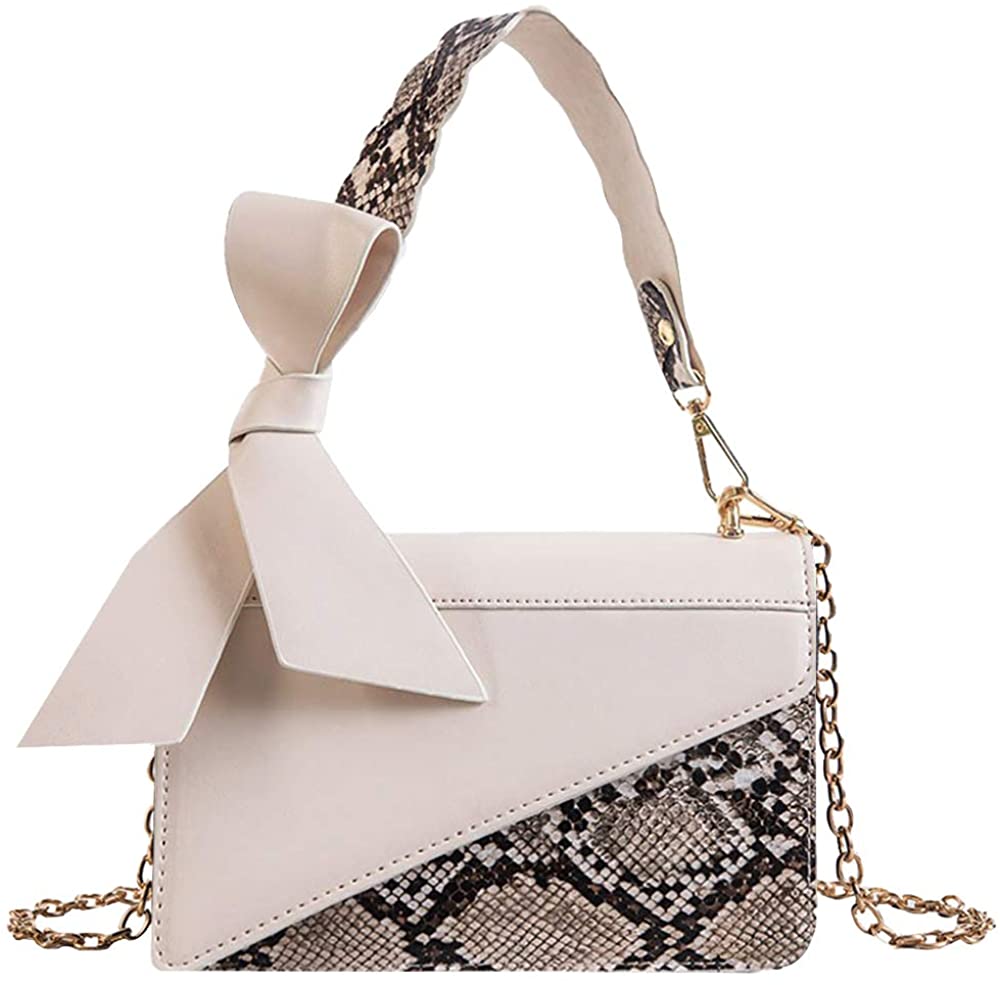 Price:$27.99 Modern Women’s Snakeskin Splice Shoulder Bag PU Leather Clutch Handbag Bowknot Chain Cross Body Bag White  Handbags   