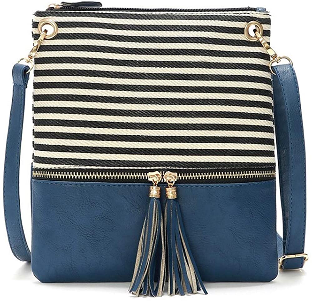 Price:$16.90 Girls Canvas Crossbody Bags for Women Small Striped Shoulder Bag with Tassel and Zipper Pocket Casual Clutch Purse (Blue)  Handbags   