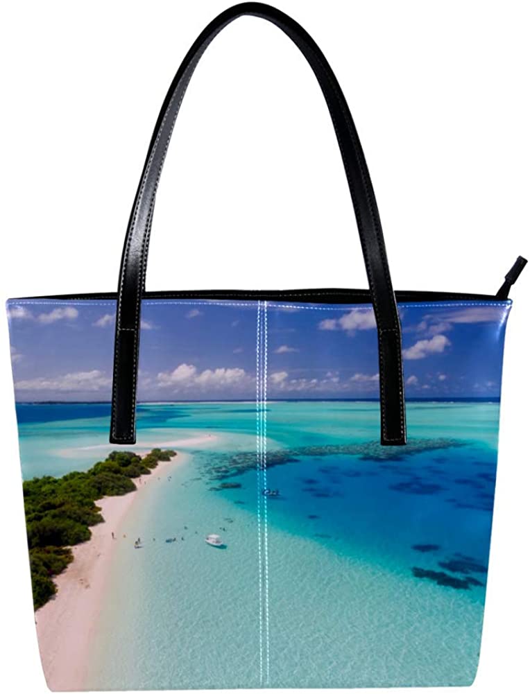 Price:$38.99 Women's Bag Shoulder Tote handbag with Maldives Beach Print Zipper Purse PU Leather Top-handle Zip Bags  Handbags   