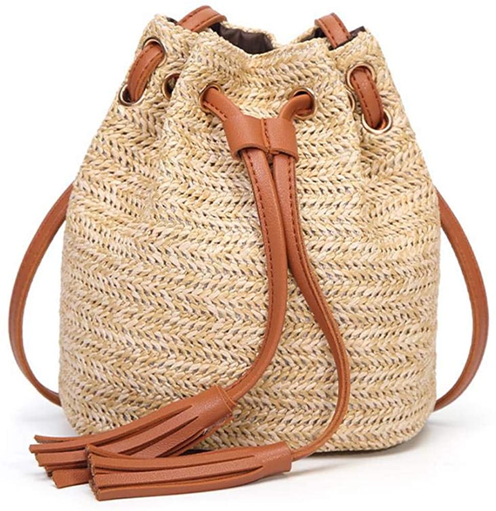 Price:$9.99    Straw Bucket Crossbody Bag - Women Handwoven Shoulder Bag Summer Beach Tote Bag (Brown)  Clothing