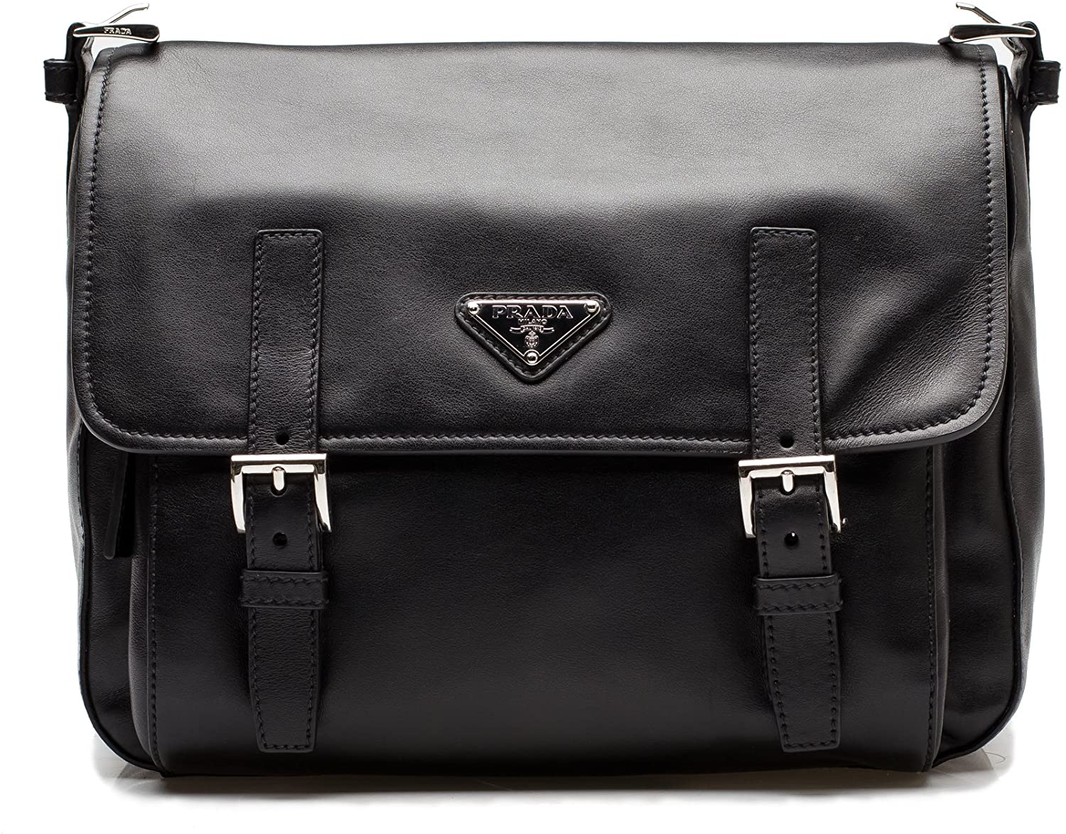 Price:$1400.00    Prada Black Soft Calf Leather Pattina Nero Shoulder Bag Satchel with Silver hardware BT953L  Clothing