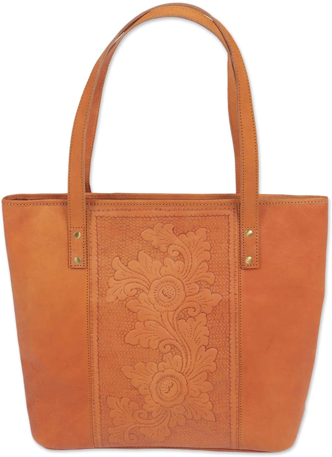 Price:$159.99    NOVICA Golden Brown Leather Floral Shoulder Bag with Zipper, Petaled Temple'  Clothing