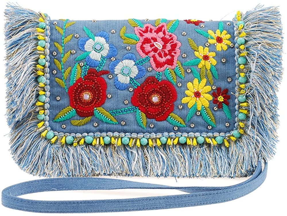 Price:$101.99 Mary Frances On The Fringe Floral Embroidered Denim Handbag, Blue  Handbags   