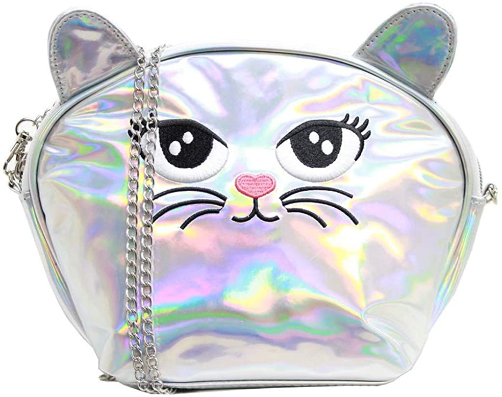 Price:$17.95    American Jewel Large Kitty Purse - Cat Face Shoulder Bag with Removable Chain Strap - Silver Iridescent  Clothing