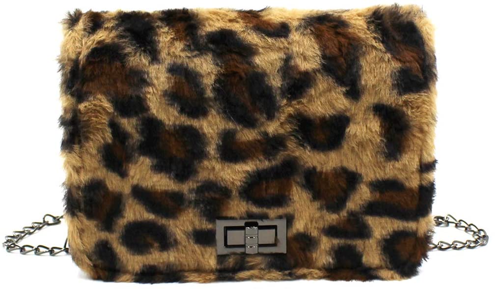 Price:$12.99    Women Leopard Print Crossbody Shoulder Bag Fluffy Plush Clutch Handbag with Chain Strap  Clothing