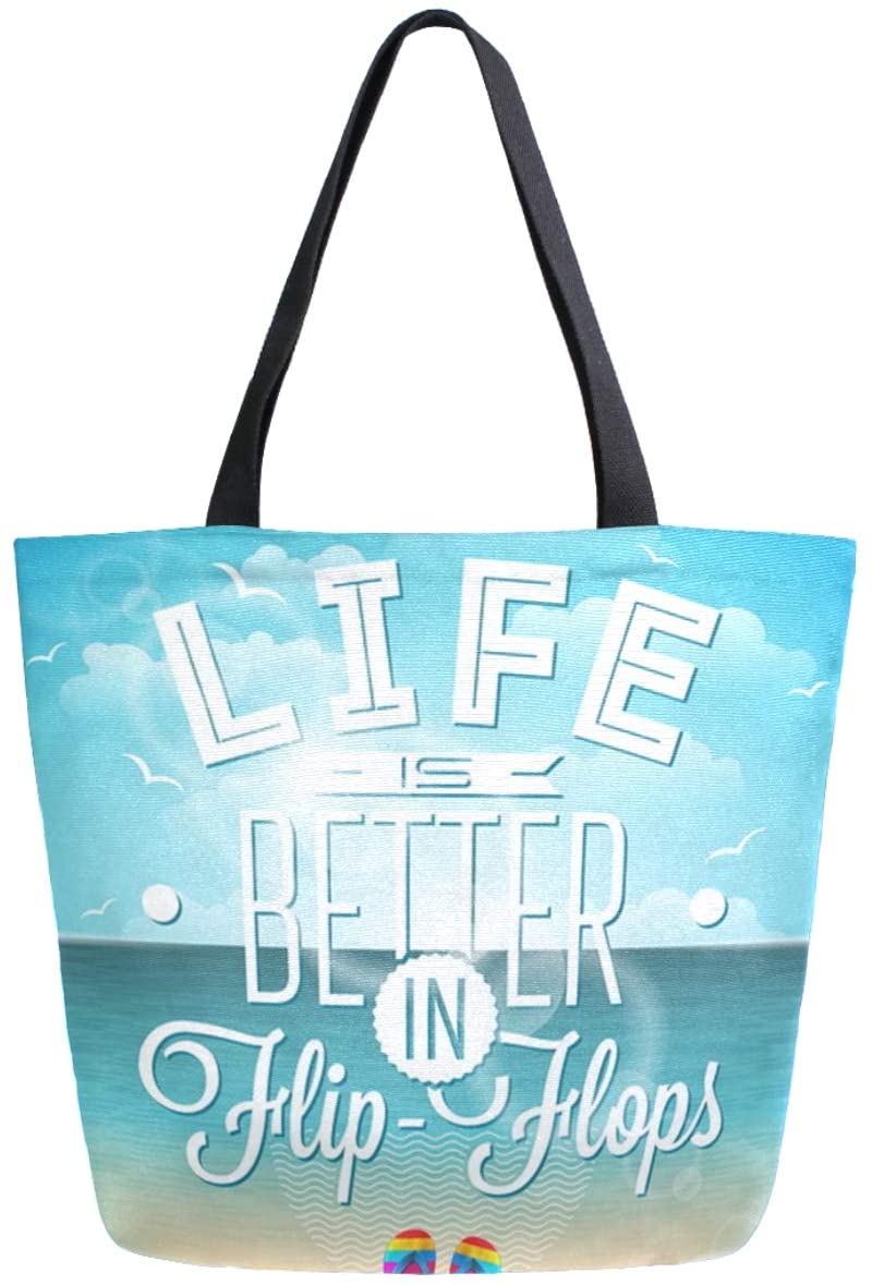 Price:$15.99   | ZzWwR Beach Life is Better in Flip-Flops Large Canvas Shoulder Tote Top Handle Bag for Gym Travel Shopping | Gym Totes