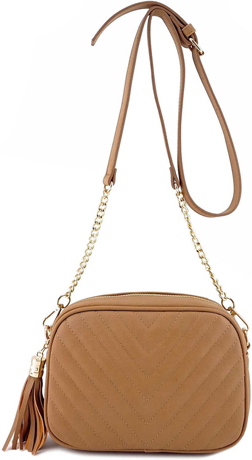 Price:$17.99 Simple Shoulder Crossbody Bag With Metal Chain Strap And Tassel Top Zipper (Lt Brown)  Handbags   