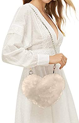 Price:$28.99 White Heart Shaped Fur Crossbody Bag Plush Wallet Purse Chain Shoulder Day Night  Handbags   